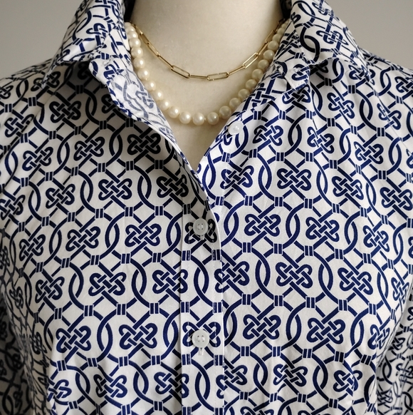 Talbots Petite Non Iron Cotton Stretch Popover Top Navy White Coastal Size 8P - Picture 3 of 16